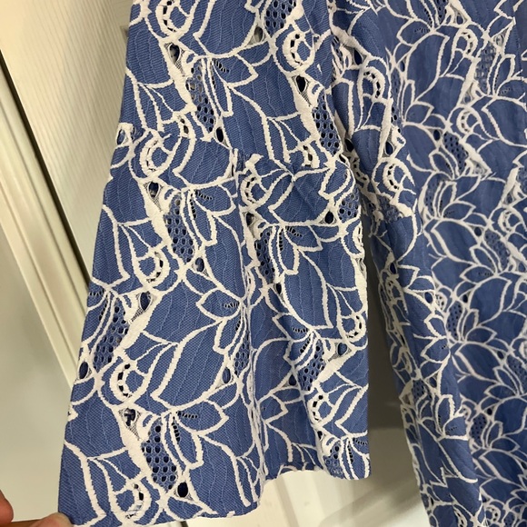 luii Anthropologie Womens Small blue Floral embroidered long Fitted jacket EUC - Picture 2 of 6